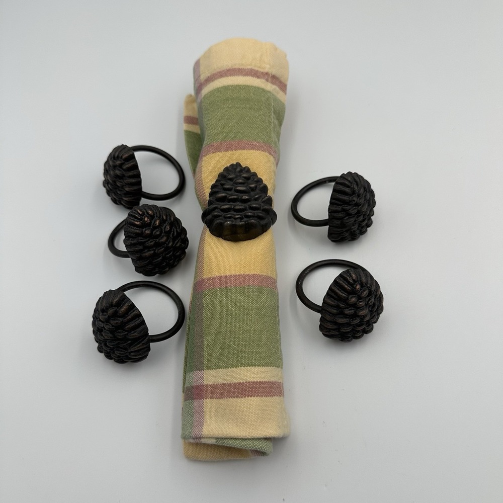 (6) Pine Cone Shaped Napkin Rings Holders Dark Brown / Bronze Metal Rustic